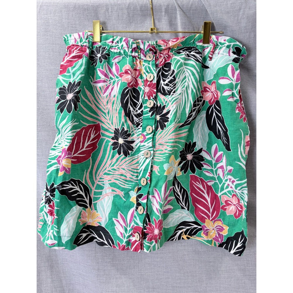 Cynthia Rowley Mini Skirt Green Tropical Floral 100% Linen Button Front XL